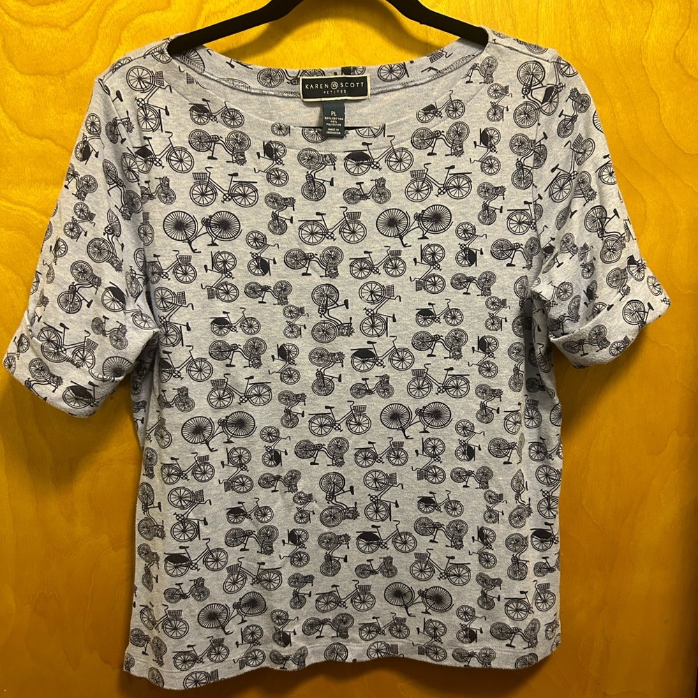 Karen Scott Petites Blue Bicycle Boat Neck Top